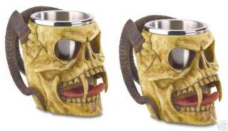 Two (2) 15 oz skull tankard sculpture steel cups skulls  