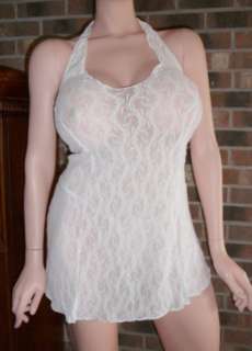 New SHEER Wht Stretch Lace Halter Chemise & Thong 1X 2X  