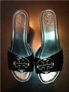 TORY BURCH Black Patent Patti Wedge Sandals Shoes Size 7.5 7 1/2 