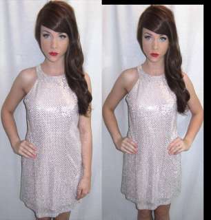   80s 90s GLAM Metallic Pink SEQUIN Baby Doll Party Mini Dress S  