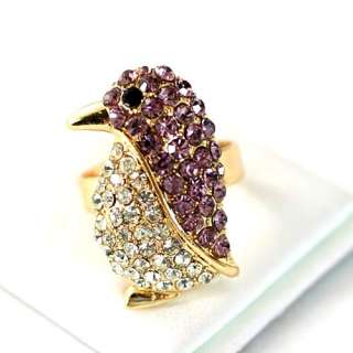 r6080 Purple Cute Penguin Gemstone Gold plate Diamante Adjustable Ring 