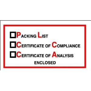    Packing List/Cert Of Compliance/Cert Of Analysis