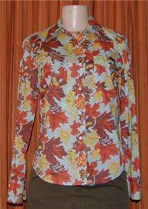 Lucky Brand LONG SLEEVE BROWN BLUE YELLOW FALL LEAF SHIRT LADIES 