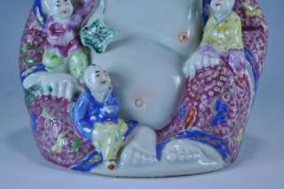   Chinese Famille Rose Porcelain Seated Laughing Buddha w 5 Boys, Marked