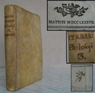 ANTIQUE 1787 LATIN PHILOSOPHY BOOK FERRARI w/LEATHER  