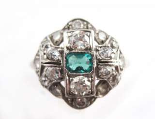 Vintage Art Deco 1920s 30s Platinum Diamond Emerald Filigree Ladies 
