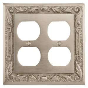 Solid Brass Floral Design Double Duplex Outlet Cover   Brushed Nickel