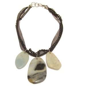   Necklace 02 Choker Black Ribbon Leather Slab Blue Stone 13 Jewelry