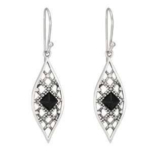   Sterling Silver Marcasite Onyx Lattice Drop Earrings Jewelry