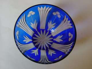 Beautiful Vintage Blue Cut to Clear Bohemian Glass Bowl  Measures 