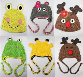   Crochet Knit Earflap Hat Baby Child Girl Boy Gift Giraffe Frog Hippo
