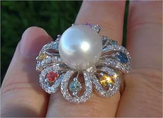   Natural Tahitian Pearl Sapphire Diamond Cocktail Ring 14k Gold  