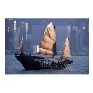  Chinese Junk sailing in the sea, Hong Kong Harbor, Hong Kong 