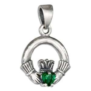 Sterling Silver Irish Claddagh Pendant with Green Cubic Zirconia Heart 