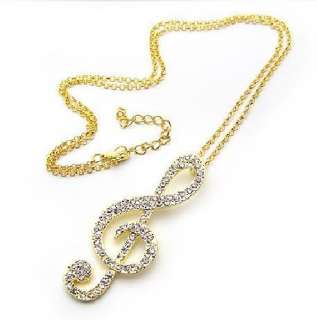 Big gold Music note Rhinestone pendant necklace  