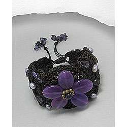 Woven Cotton Purple Amethyst and Pearl Flower Pull Bracelet (Thailand 