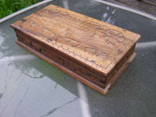 ANTIQUE CARVED PEACOCK BIRD ARTWORK WOODEN JEWELRY BOX  