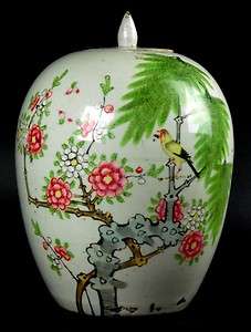 ANTIQUE PORCELAIN BIRD BLOSSOM VASE China Ceramic Lid  