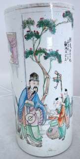 Antique Chinese Famille Rose Painted Vase or Scroll Holder w/ Scholar 