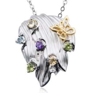   Sterling Silver Genuine Multi Gemstone Butterfly Pendant, 18 Jewelry