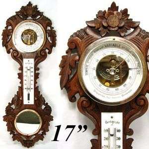   Antique French Black Forest Style Carved Oak 17 Wall Barometer  