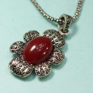   Womens Flower Like Red Fashion Tibet Silver Gemstone Pendant Necklace