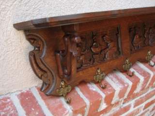 Antique English Carved Oak Wall Shelf Coat Plate Kitchen Book Rack 