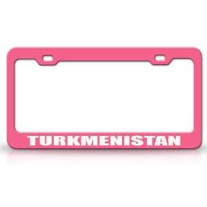 TURKMENISTAN Country Steel Auto License Plate Frame Tag Holder, Pink 