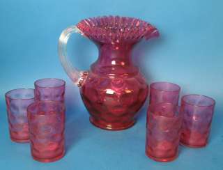 Antique Cranberry Art Glass Pitcher & Cups c. 1900  
