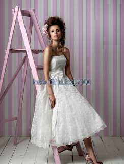   Tea Length Dress Strapless Lace Bowtie Sash Wedding Dress Bridal Gown
