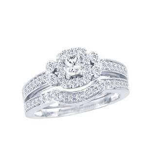   or Yellow Gold Princess Cut Halo Set Diamond Bridal Wedding Ring Set