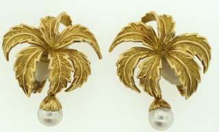 CHANEL FRANCE 18K YELLOW GOLD PALM TREE EARRINGS PEARLS SIGNED CLIP ON 