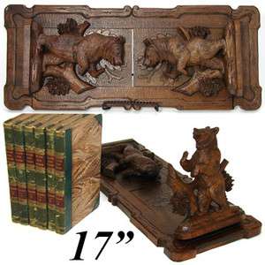 Superb Antique Black Forest Hand Carved Desk Top Book Rack, Two Bear 