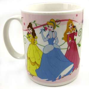 Disney Princess mug, featuring Aurora, Cinderella, and Belle dancing 