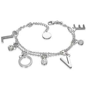 Stainless Steel Love Monogram Charm Double Strand CZ Womens Bracelet