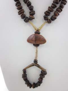 DESIGNER Brown Wooden Bean Strand Pendant Necklace  