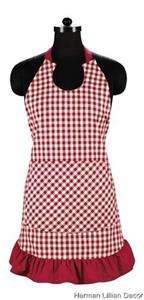 Red and White Gingham Check Ruffled Apron Victorian Heart 100% Cotton 
