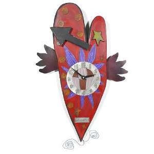 Time Flies Folk Art Heart Wall Clock, Carved Wood & Pewter, 25