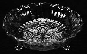 VINTAGE, ETCHED, CLEAR GLASS, TRI FOOTED LOW BOWL  