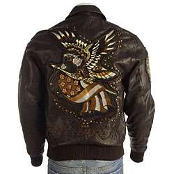 Ed Hardy Mens Eagle and Flag Leather Jacket  