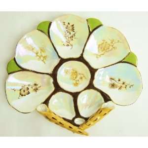    Green and Mother of Pearl Floral Fan Oyster Plate 