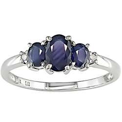 10k White Gold Blue Sapphire and Diamond 3 stone Ring  