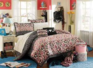   Harlow Comforter Twin 7pc Black White Pink Floral Girls Teen Dorm