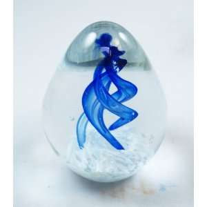 Murano Design 3 Blue Spirals Accending Out of Snow Egg Paperweight PW 