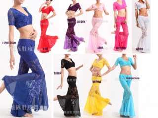 Belly Dance Costume Lace V Neck Top+Pant  