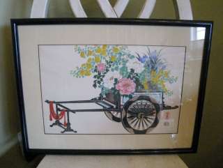Uchida Woodblock Japan Framed Print Flower Cart Signed  