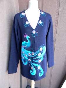 Storybook Knits Sz L Peacock Queen Embellished Navy Blue Cardigan 