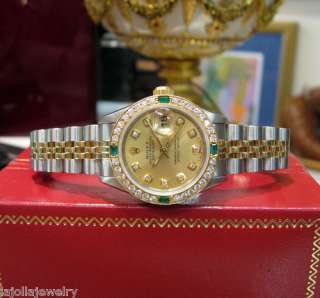 LADIES ROLEX OYSTER PERPETUAL DATEJUST TWO TONE GOLD DIAMOND EMERALD 