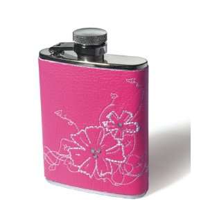  Hot Pink Flask with Embroidered Flowers and Rhinestones 