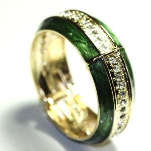 Vintage style Green Enamel Cuff Bangle Bracelet adorned w/ swarovski 